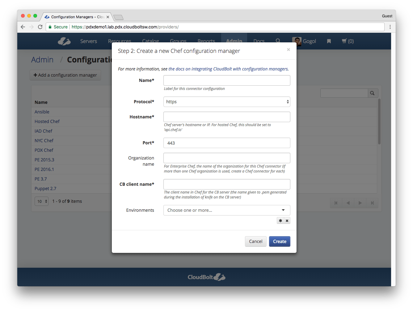 Creating a Chef config mgr in CloudBolt