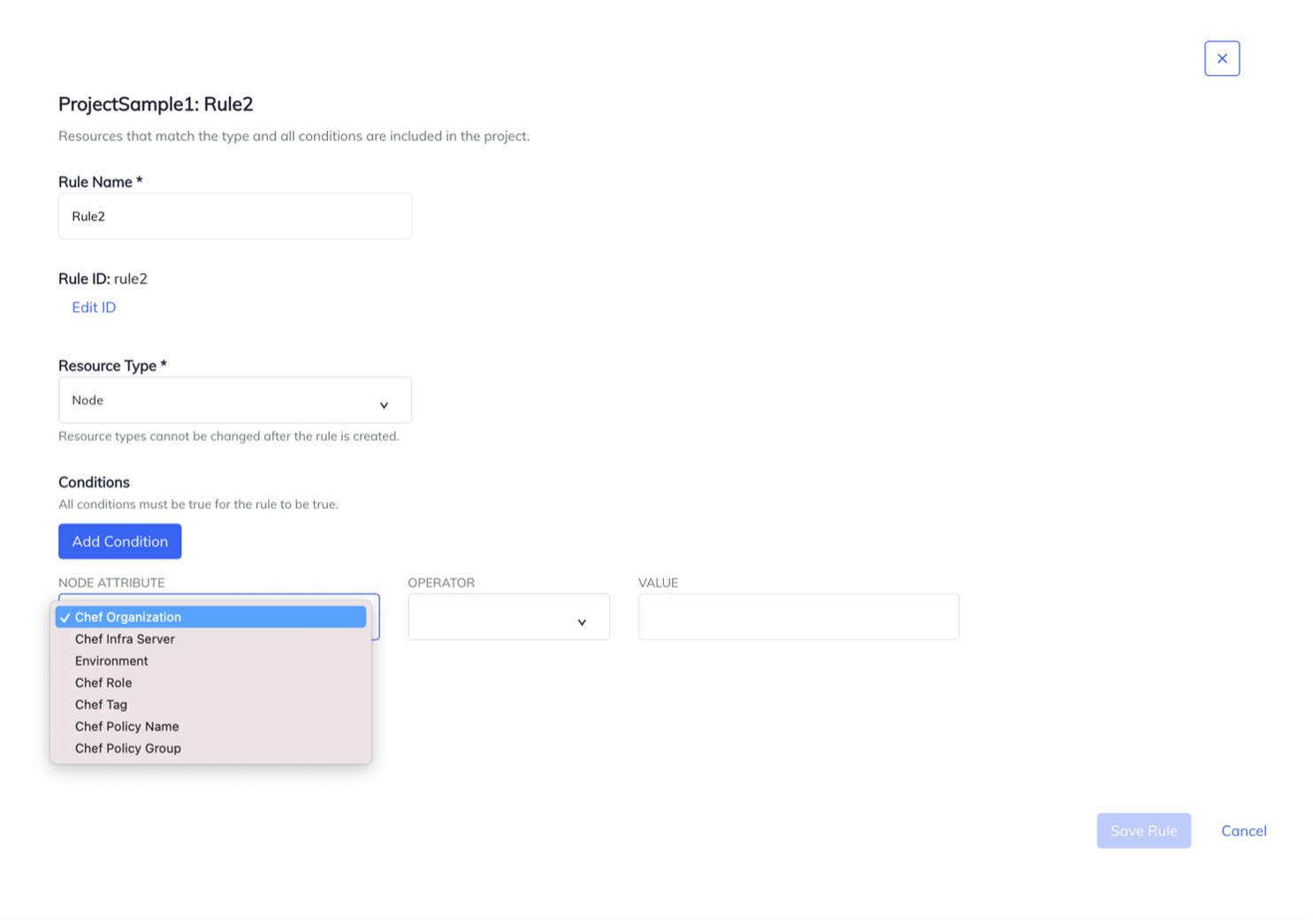 Example of selecting node attribute for Chef project rule