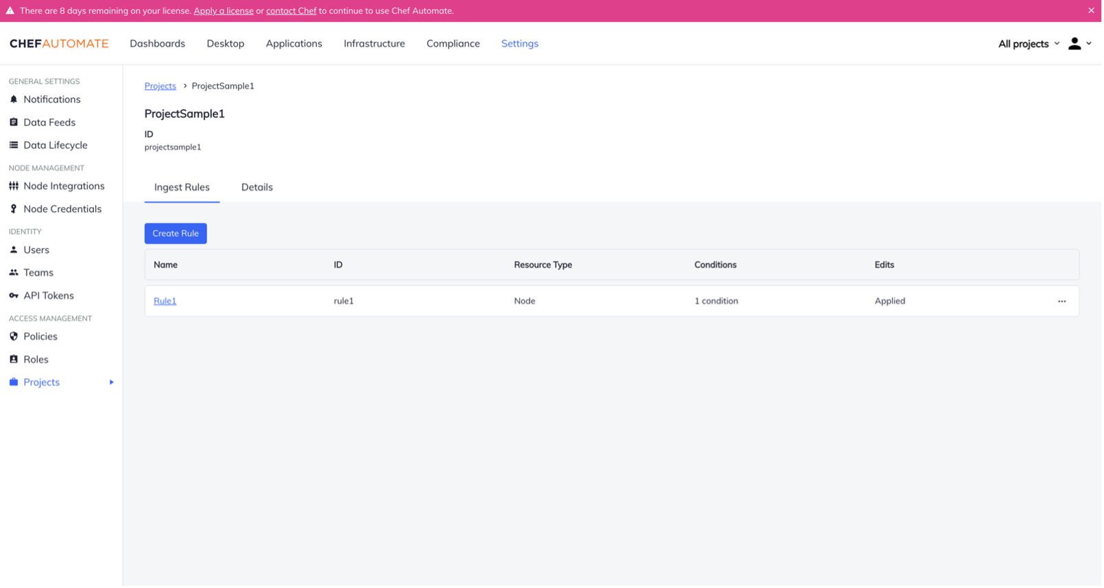 How to create rule for project in Chef Automate